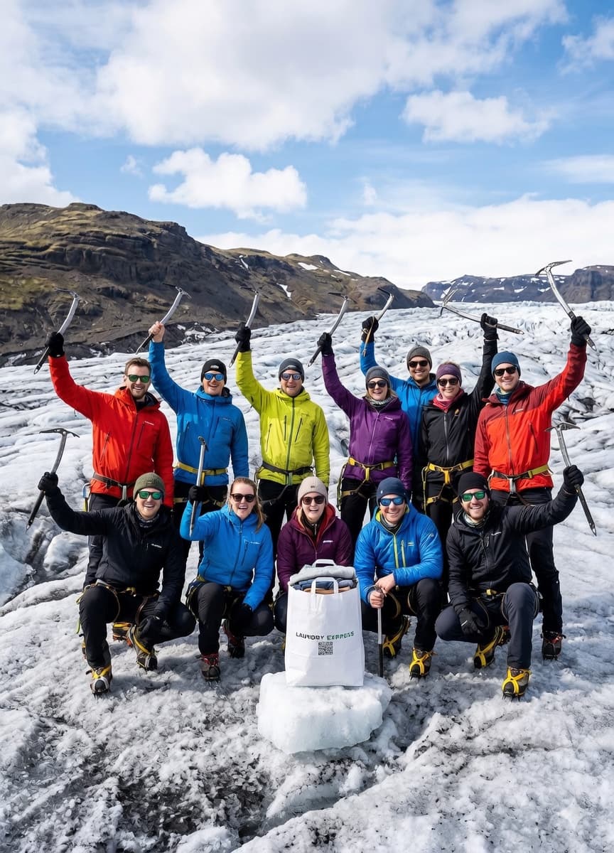 Group of adventurers with Laundry Express bag on Icelandic glacier